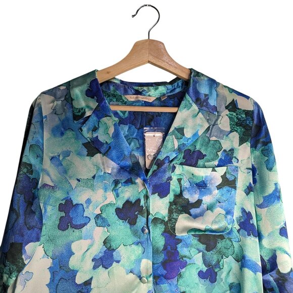 NWT 100% Silk Soft Surroundings Button Up Long Sleeve Blouse Blue Green Art XS - Picture 3 of 5